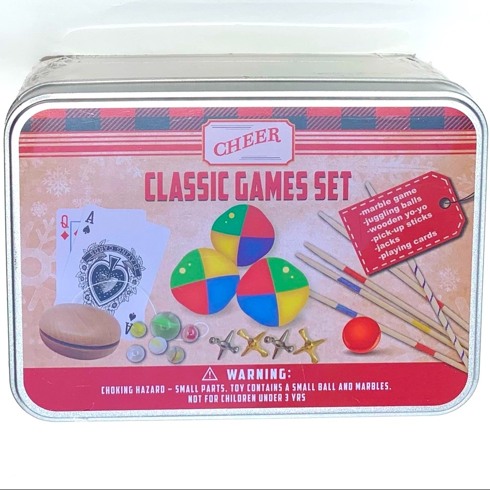 Classic Games Tin Case - marbles, juggling, yoyo, pickup sticks, jacks, & cards